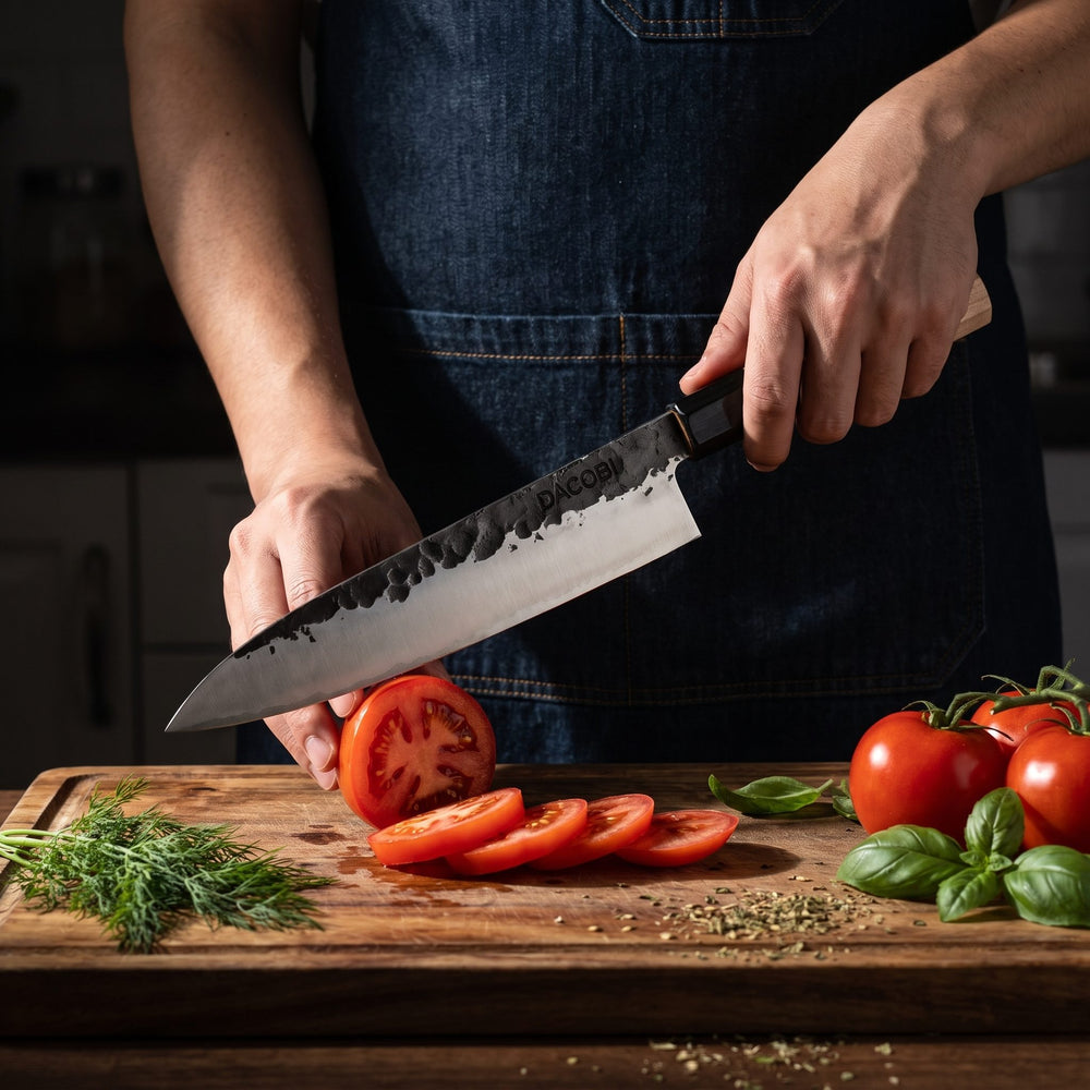 Profesionální nůž Gyuto Tsuchime při použití v kuchyni