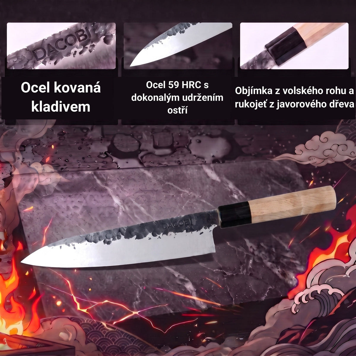 Infografika s vlastnostmi nože Gyuto Tsuchime