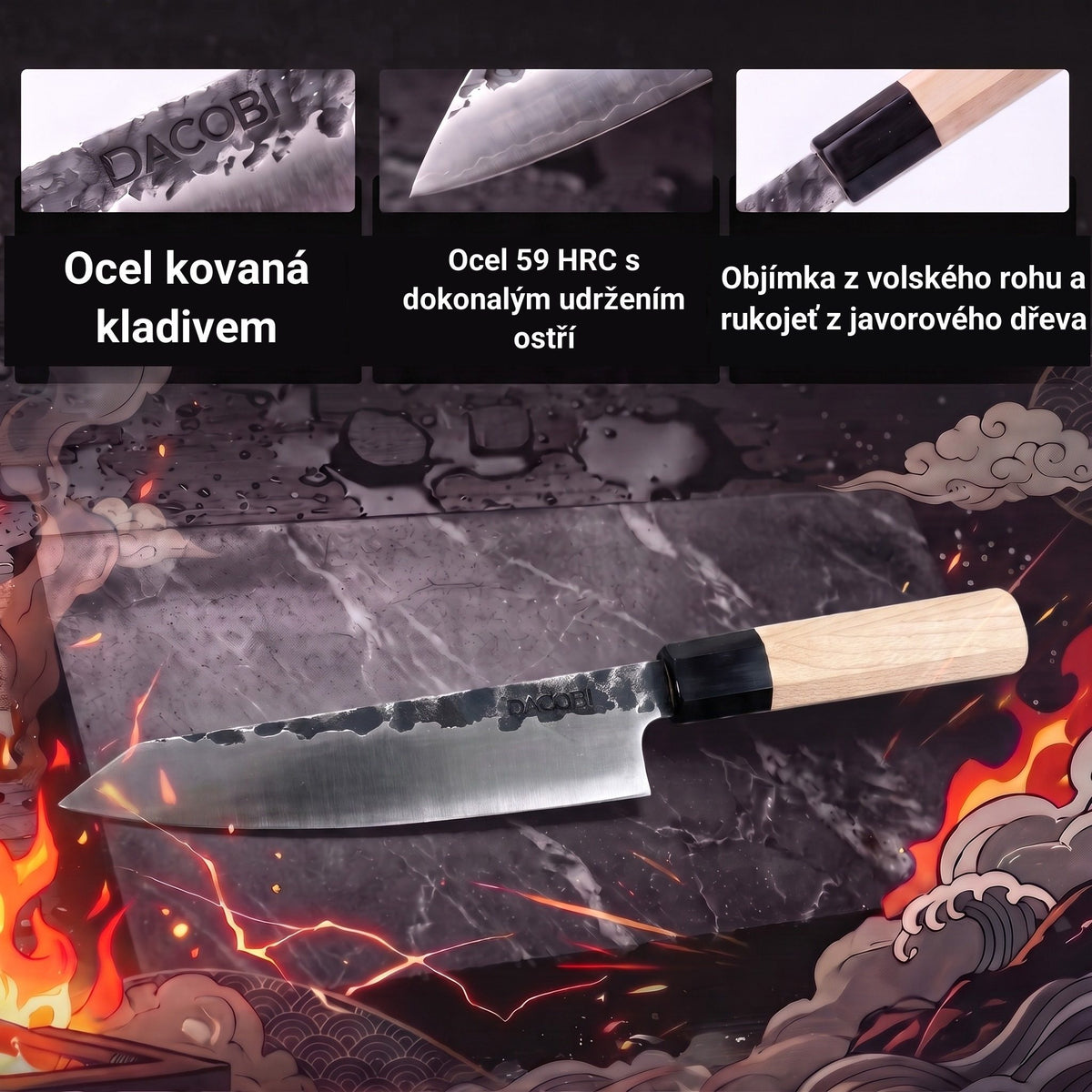 Infografika s vlastnostmi nože Honesuki Tsuchime