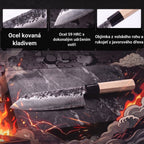 Infografika s vlastnostmi nože Kiritsuke Tsuchime