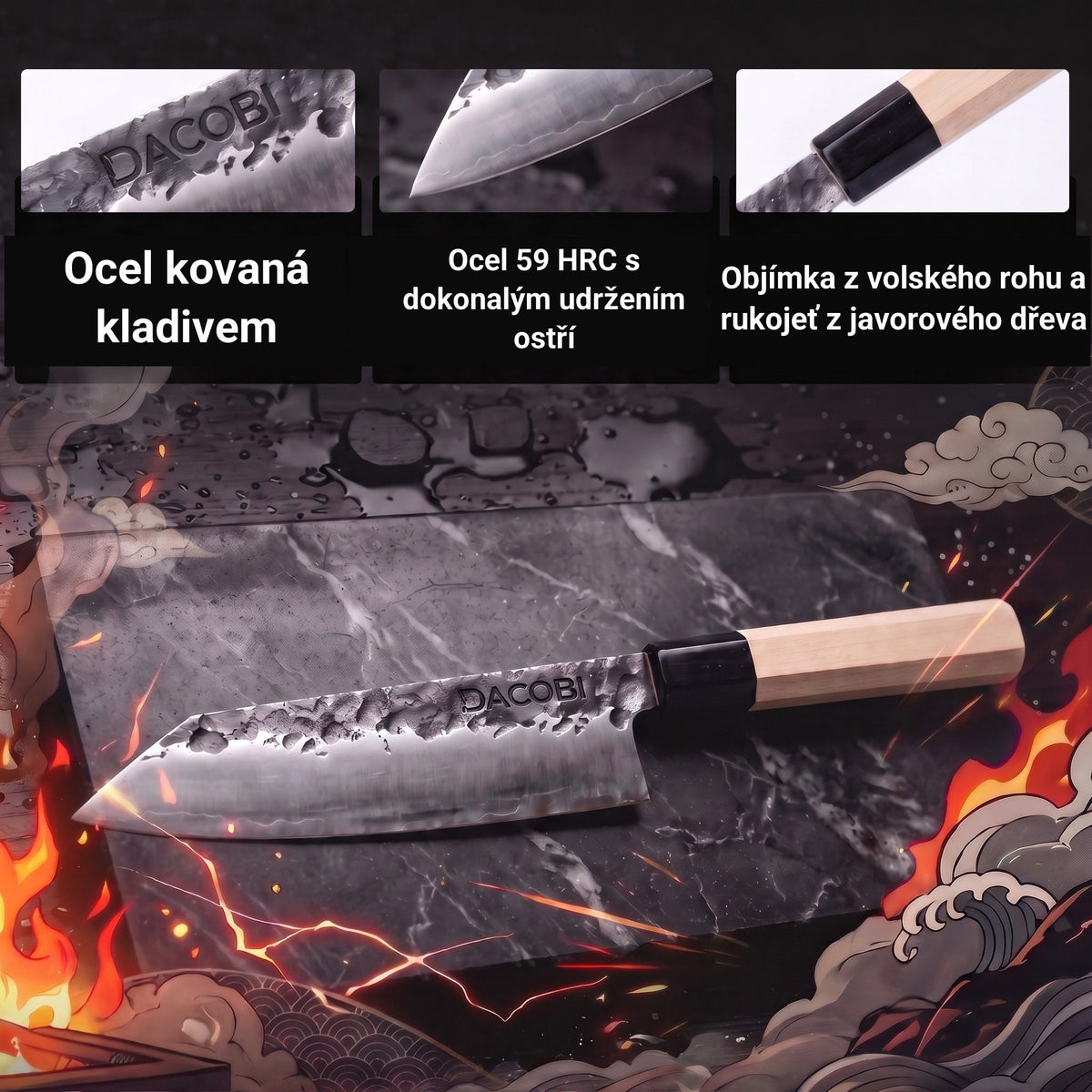 Infografika s vlastnostmi nože Kiritsuke Tsuchime