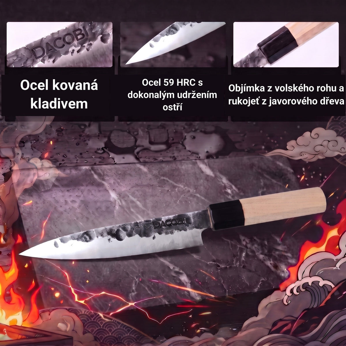 Infografika s vlastnostmi univerzálního nože Tsuchime